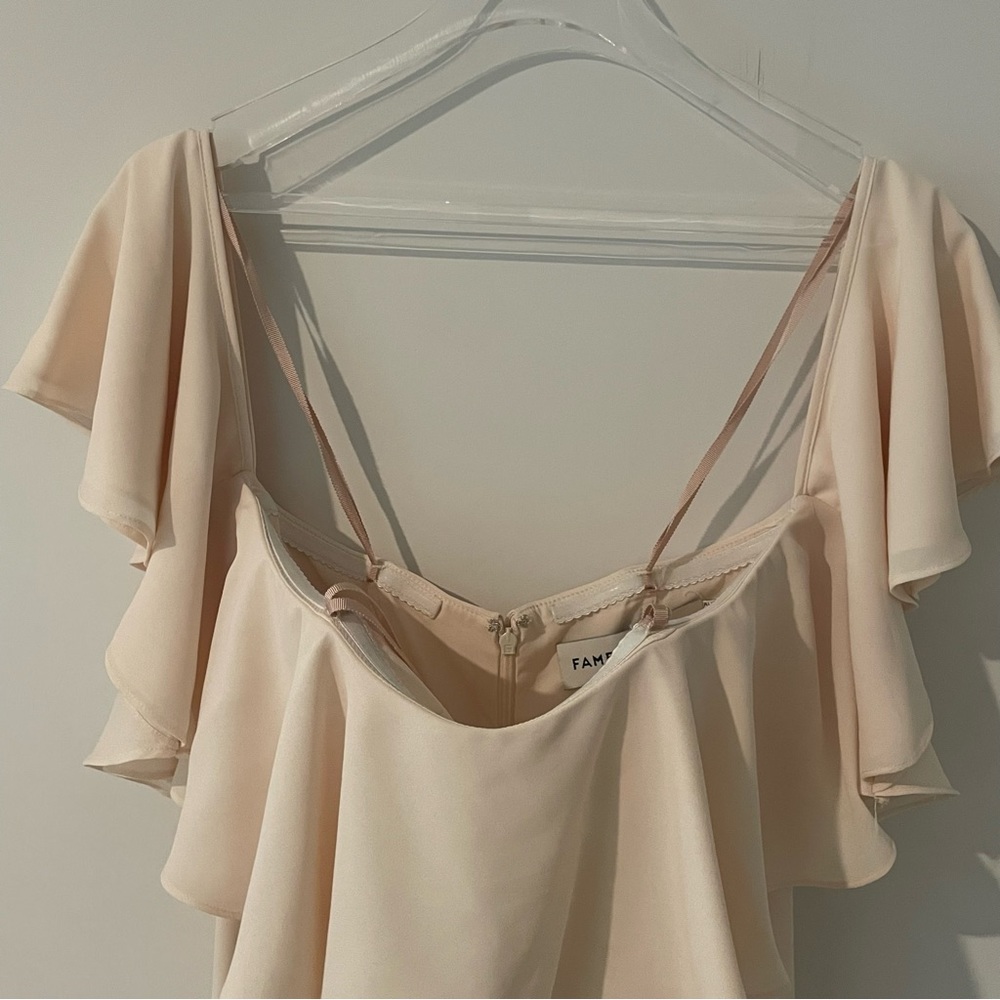 Fame and Partners Cream Gown Off the Shoulder Fitted Waist Size M High Slit - Picture 11 of 16